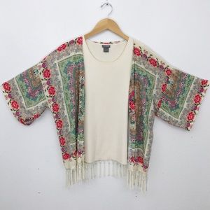 Ivory Floral Print Boho Kimono